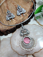 Oxidised Silver Plated Stone Studded Hasli Choker Jewellery Set For Women