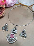 Oxidised Silver Plated Stone Studded Hasli Choker Jewellery Set For Women