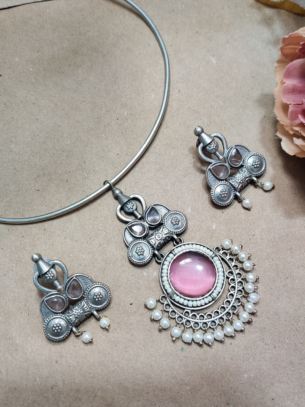 Oxidised Silver Plated Stone Studded Hasli Choker Jewellery Set For Women