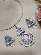 Oxidised Silver Plated Stone Studded Hasli Choker Jewellery Set For Women