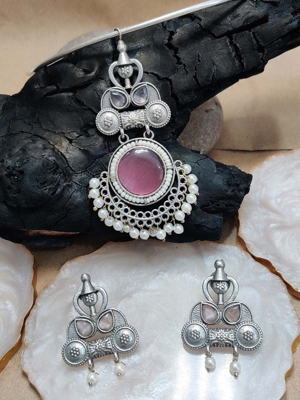 Oxidised Silver Plated Stone Studded Hasli Choker Jewellery Set For Women