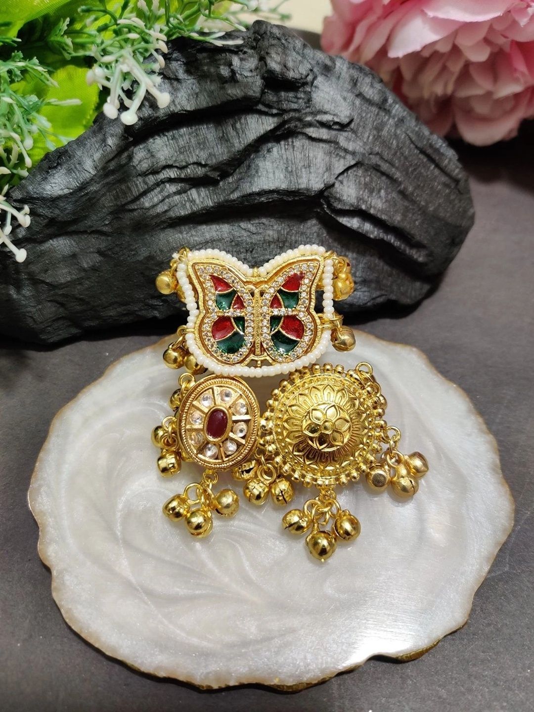 Gold-Plated Kundan Butterfly Adjustable Ghungroo Finger Ring – Multicolour