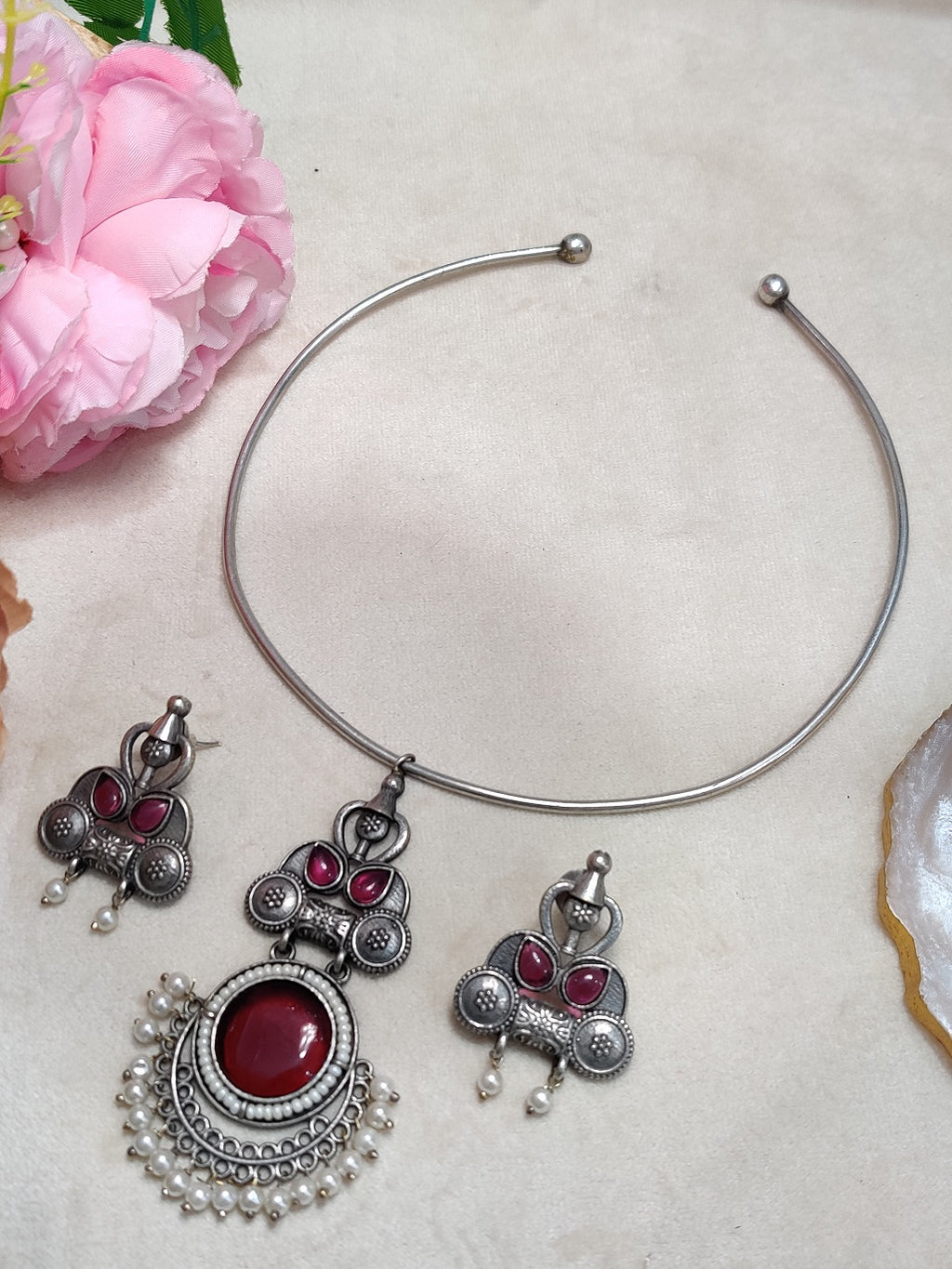Oxidised Silver Plated Stone Studded Hasli Choker Jewellery Set For Women