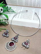 Oxidised Silver Plated Stone Studded Hasli Choker Jewellery Set For Women