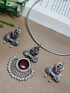 Oxidised Silver Plated Stone Studded Hasli Choker Jewellery Set For Women