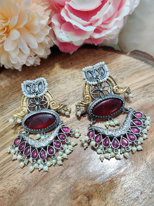 Dual Toned Oxidised Silver Plated Chanbali Lotus Earrings