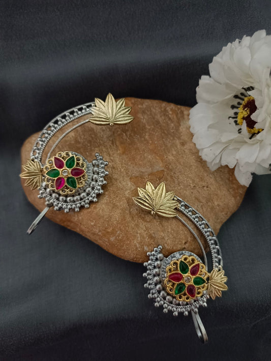 Brass-Plated Artificial Stones Studded Oxidised Floral Bugadi Ear Cuff Earring