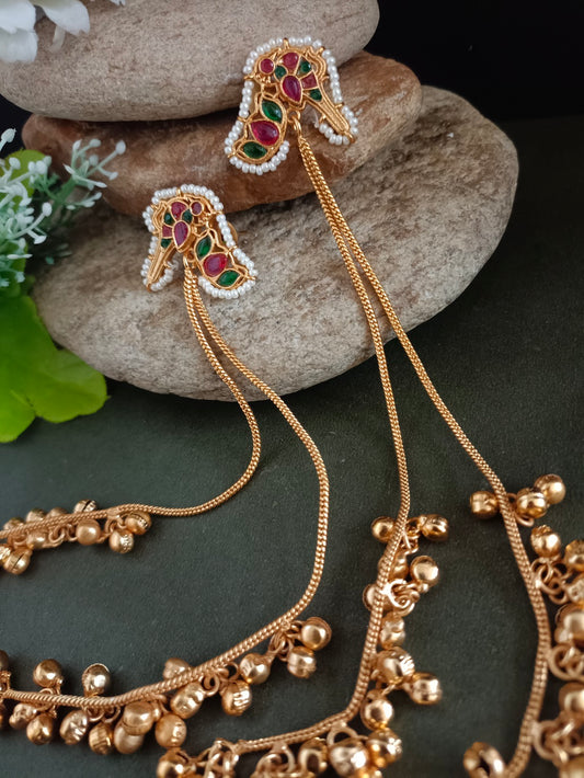 Gold-Plated Kundan Studded & Ghungroo Beaded Tasselled Peacock Drop Meenakari Earrings