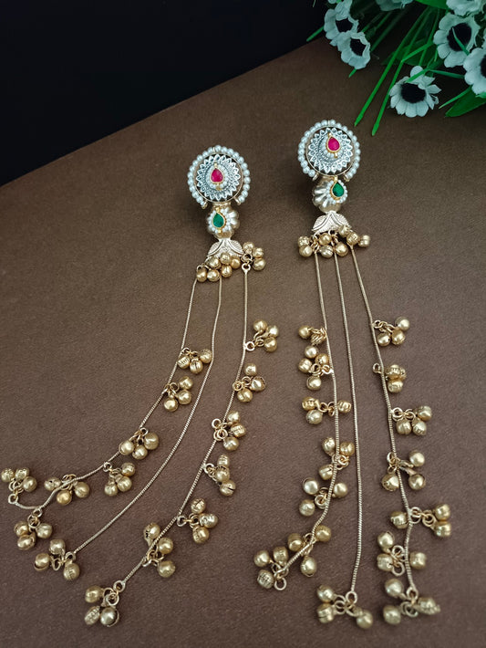 Brass Plated Pachi Kundan & Ghungaroo Studded Kashmiri Drop Earrings