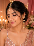 Gold Plated Kundan Studded Pear Drops Earchain Earrings and Maang Tiika Jewellery Set