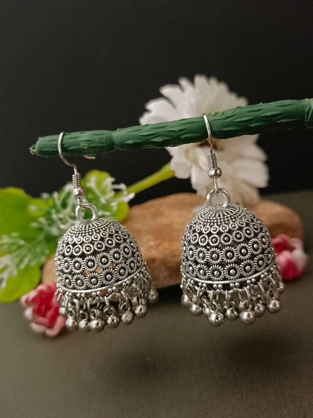 German Silver Silver-Plated Ghungroo Beaded Dome Shaped Oxidised Jhumkas