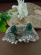 German Silver Silver-Plated Stones And Beaded Dome Shaped Oxidised Jhumkas