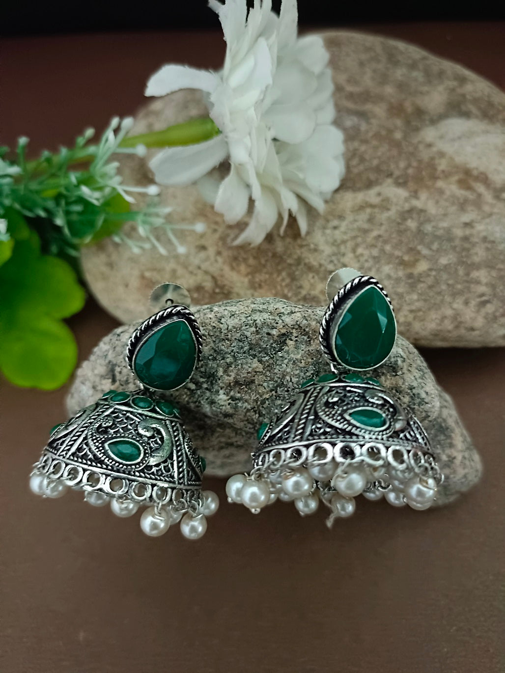 German Silver Silver-Plated Stones And Beaded Dome Shaped Oxidised Jhumkas