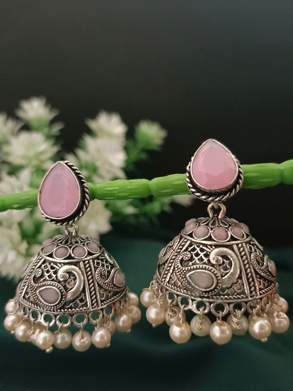 German Silver Plated Artificial Stones Studded And Beaded Dome Oxidised Jhumkas