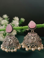 German Silver Plated Artificial Stones Studded And Beaded Dome Oxidised Jhumkas