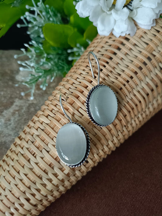 Sanjog Oxidized Silver Oval Cat's Eye Stone Drop Earrings