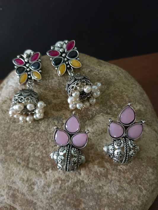 Sanjog Oxidized Silver Earring Set: Pink Stone Studs & Multicolored Jhumkas