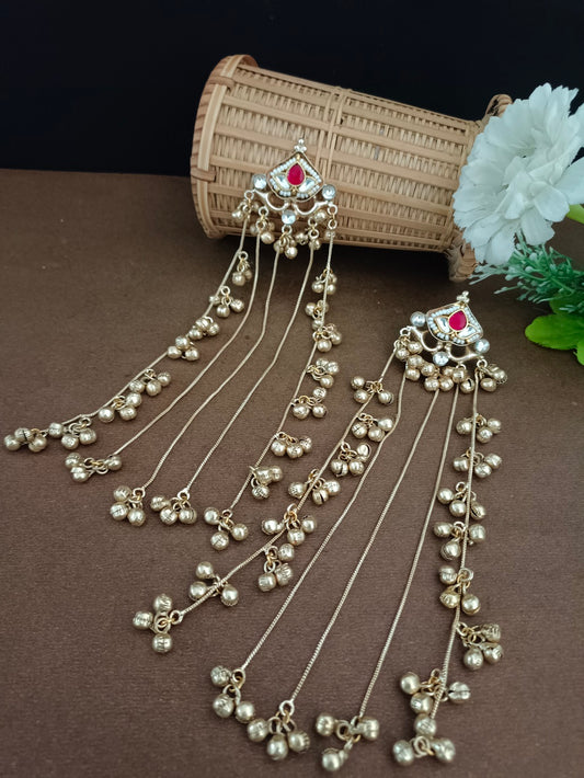 Brass-Plated Pachi Kundan & Ghungaroo Beaded Kashmiri Drop Earrings