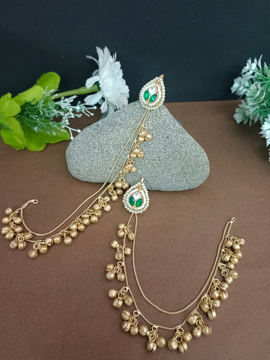 Brass Plated Pachi Kundan & Ghungaroo Studded Kashmiri Ear Cuff Earrings