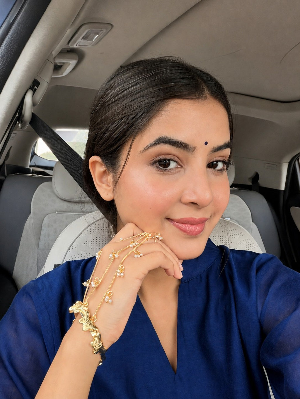 Women Brass Handcrafted Gold-Plated Hathphool Panja Multi Ring Butterfly Bracelet
