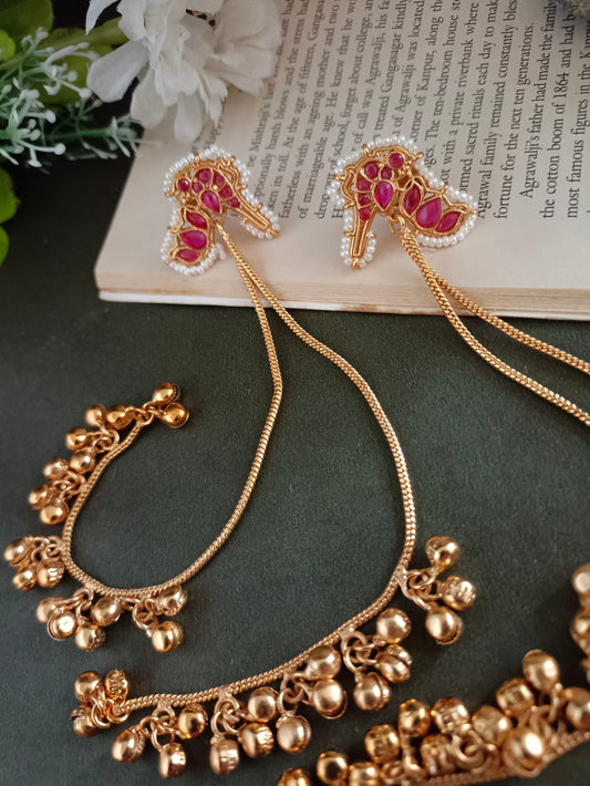 Gold-Plated Kundan Studded & Ghungroo Beaded Tasselled Peacock Kashmiri Drop Earrings