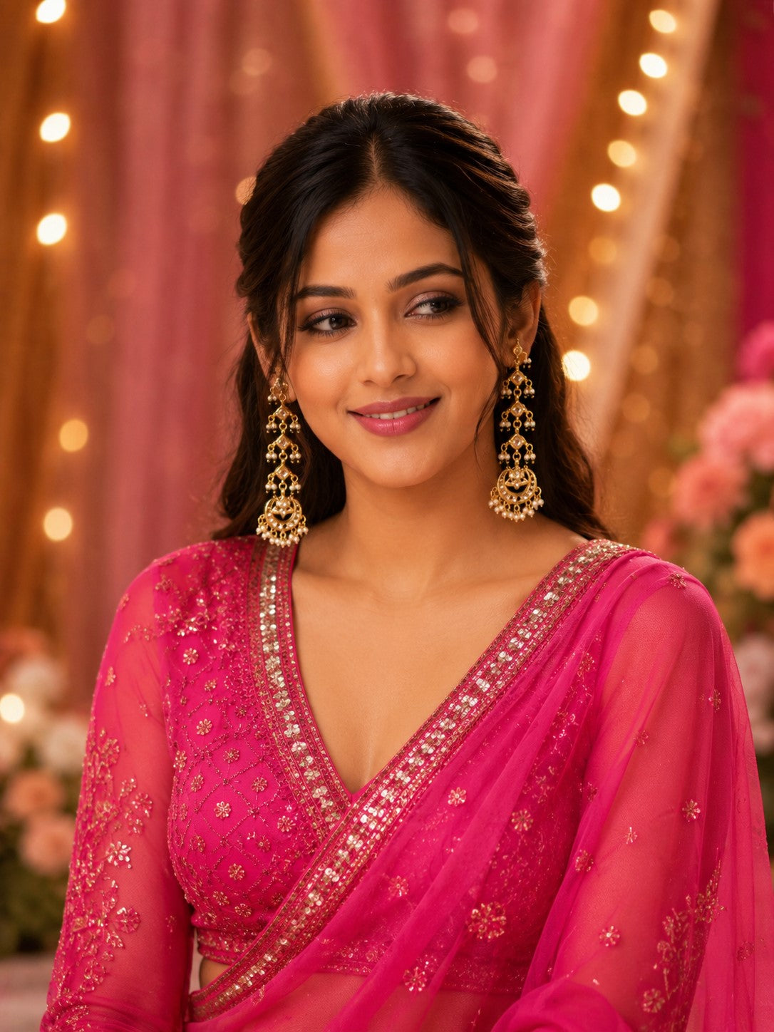 Gold Plated Kundan Studded Chandbali Earrings with Sahara Earchains