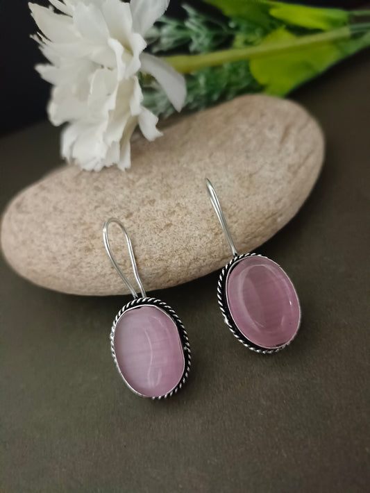 Sanjog Oxidized Silver Oval Drop Earrings with Pink Cat's Eye Stone