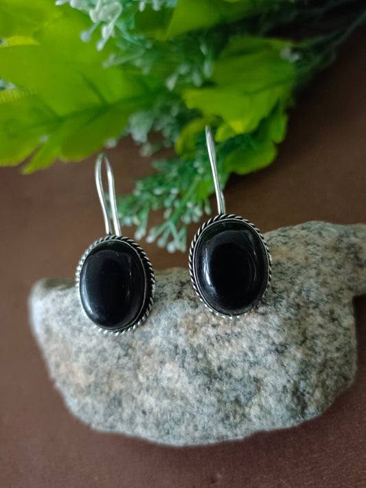 Sanjog Oxidized Silver Oval Drop Earrings with Black Onyx Stone