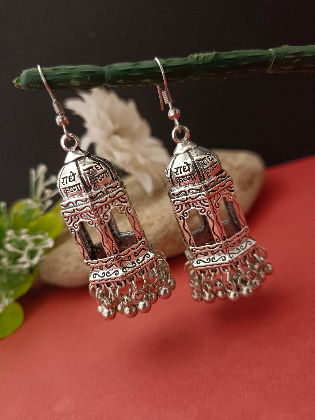 German Silver Silver-Plated Ghungroo Beaded Dome Shaped Oxidised Jhumkas