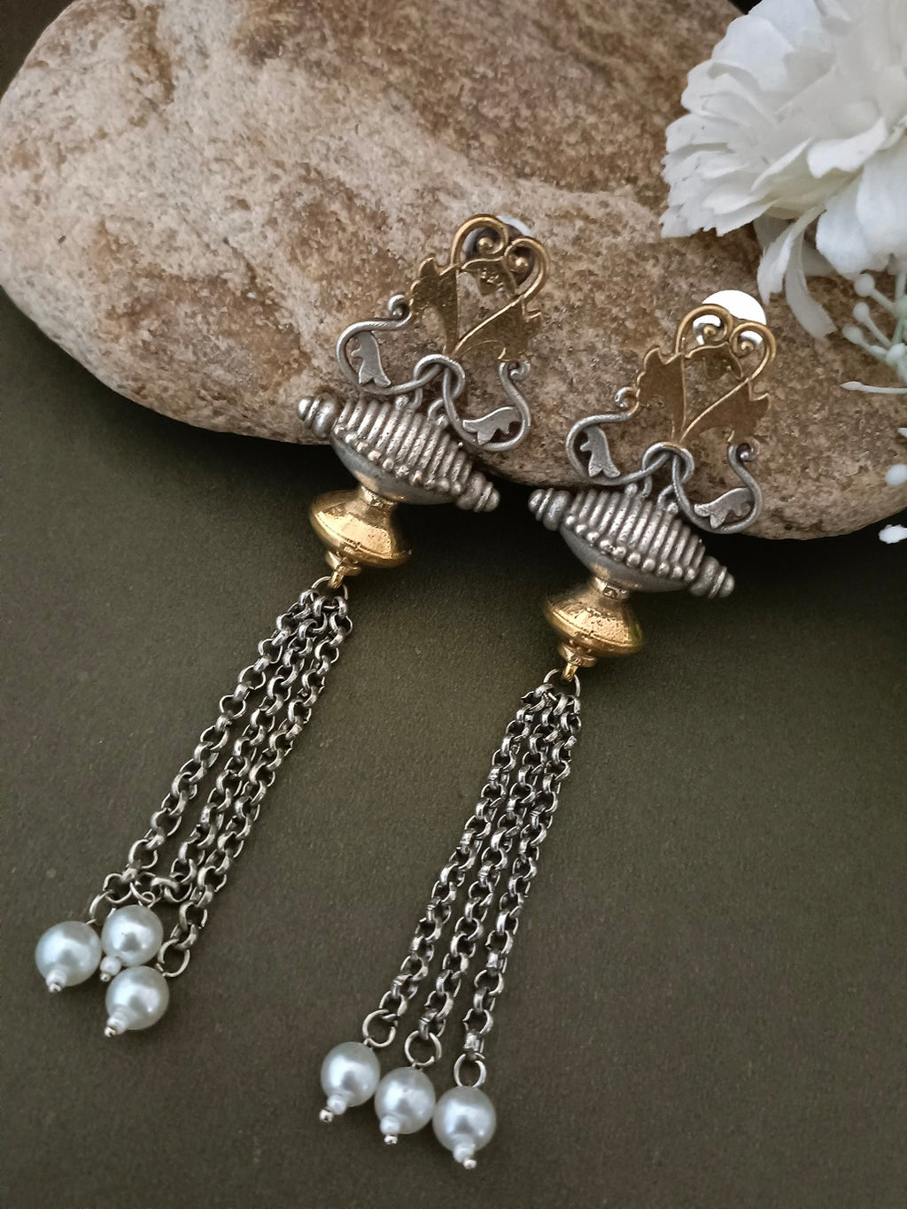 Sanjog Dual-Tone Antique Tribal Drop Earrings with Temple Motifs and Chain Tassels