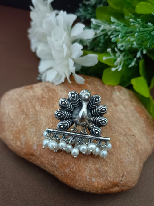 German Silver-Plated Beaded Oxidised Finger Ring For Women