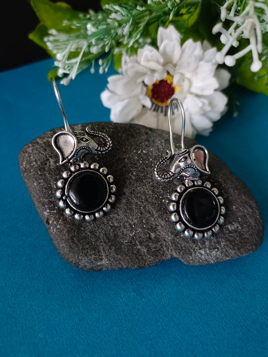 Sanjog Oxidized Silver Elephant Drop Earrings with Black Stone