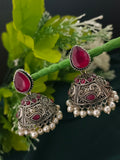 German Silver Plated Artificial Stones Studded And Beaded Dome Oxidised Jhumkas