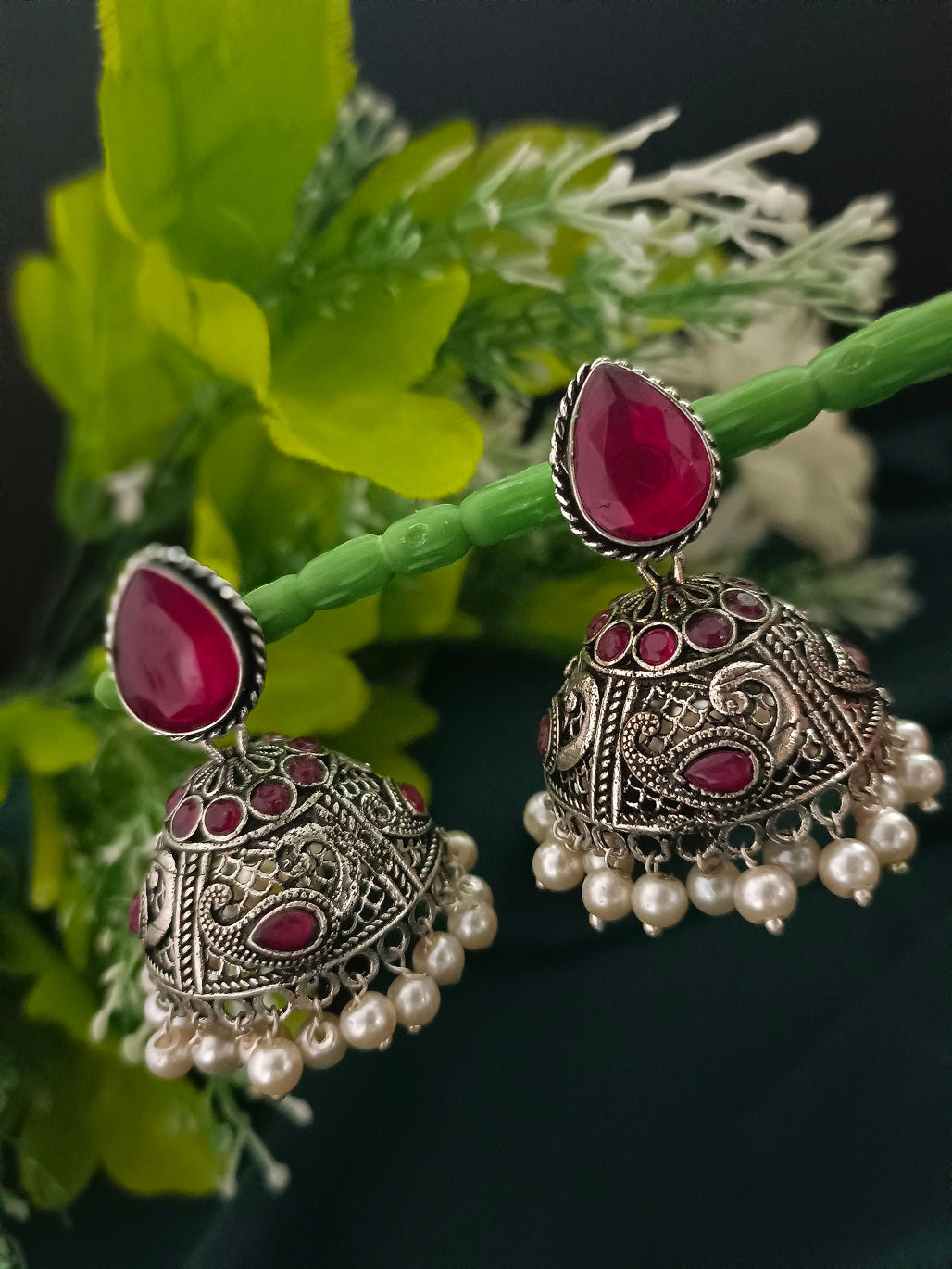 German Silver Plated Artificial Stones Studded And Beaded Dome Oxidised Jhumkas