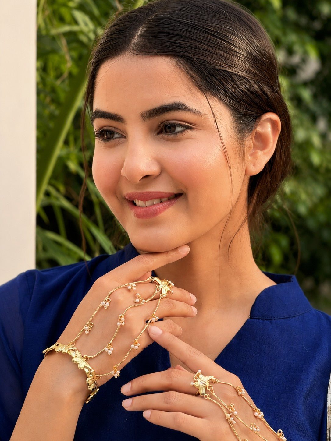 Women 2 Brass Handcrafted Gold-Plated Hathphool Panja Multi Ring Butterfly Bracelet