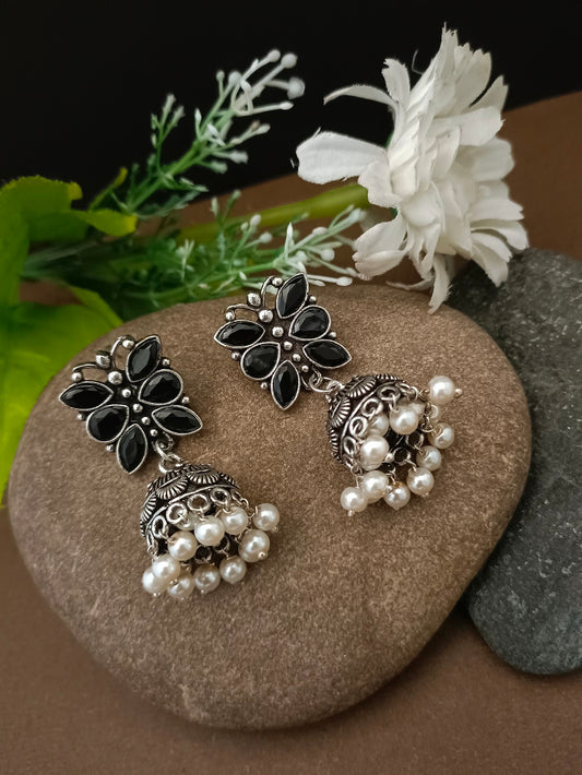 Sanjog Oxidized Silver Black Stone Floral Jhumka Earrings with Pearl Drops