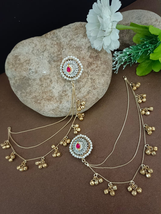 Traditional Gold-Tone Ear Chains (Kaan Chain) with Pachi Kundan Studs and Ghungroo Dangles