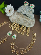 Set Of 2 Brass Plated Pachi Kundan & Ghungaroo Studded Drop Kashmiri Earrings With Earchains