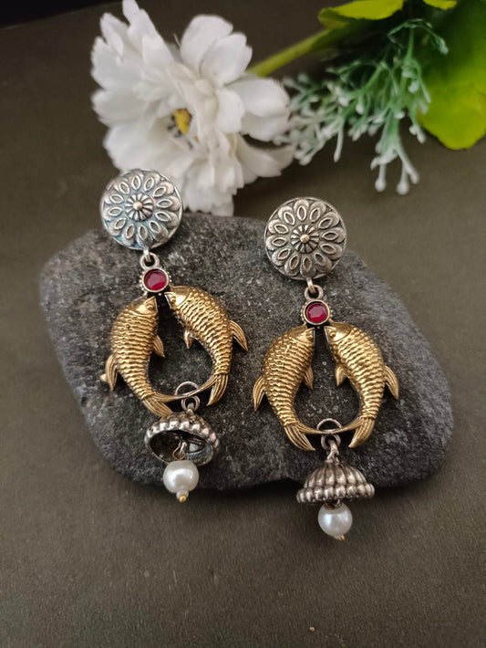 Sanjog Dual-Tone Oxidized Fish Motif Drop Earrings with Ruby Stone and Ghungroo Bell