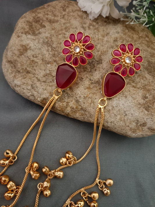 Sanjog Red Stone & Gold Toned Dangler Earrings with Ghungroo Bells Earrings