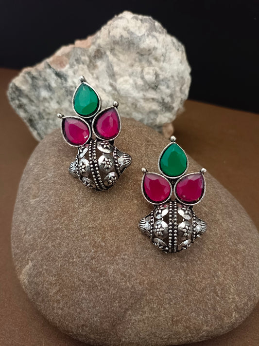 Sanjog Oxidized Silver-Tone Multi-Color Stone Cluster Stud Earrings with Intricate Dome Base