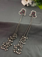 Brass-Plated Stones Studded & Ghungroo Beaded Oxidised Kashmiri Drop Earrings