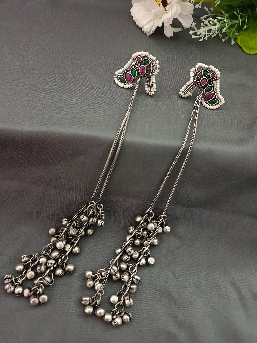 Brass-Plated Stones Studded & Ghungroo Beaded Oxidised Kashmiri Drop Earrings