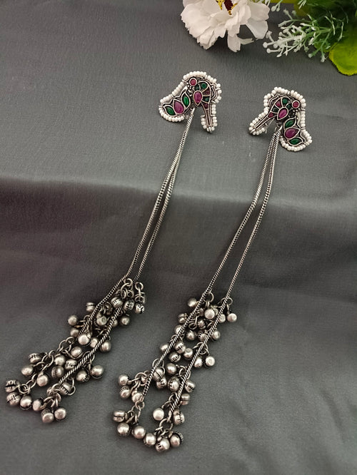 Brass-Plated Stones Studded & Ghungroo Beaded Oxidised Kashmiri Drop Earrings