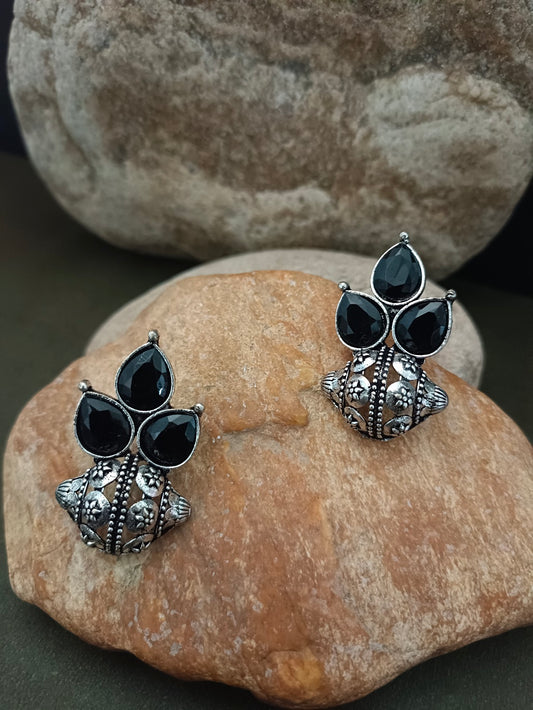Sanjog Oxidised Silver Look Tribal Stud Earrings with Black Stone Embellishment