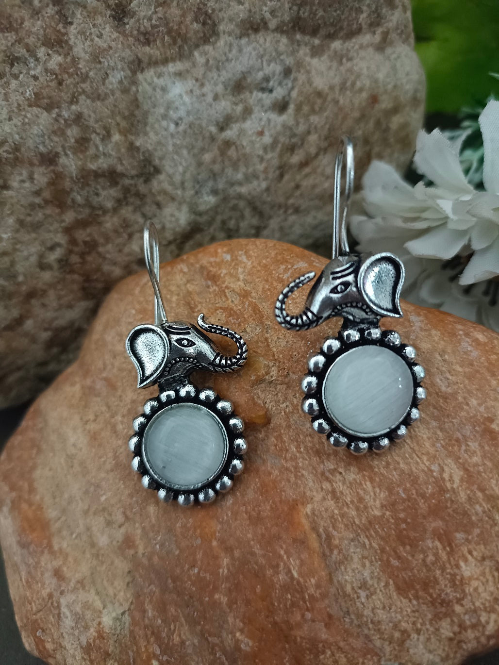 Sanjog Oxidized Silver Elephant Drop Earrings with White/Grey Stone (Cat's Eye)