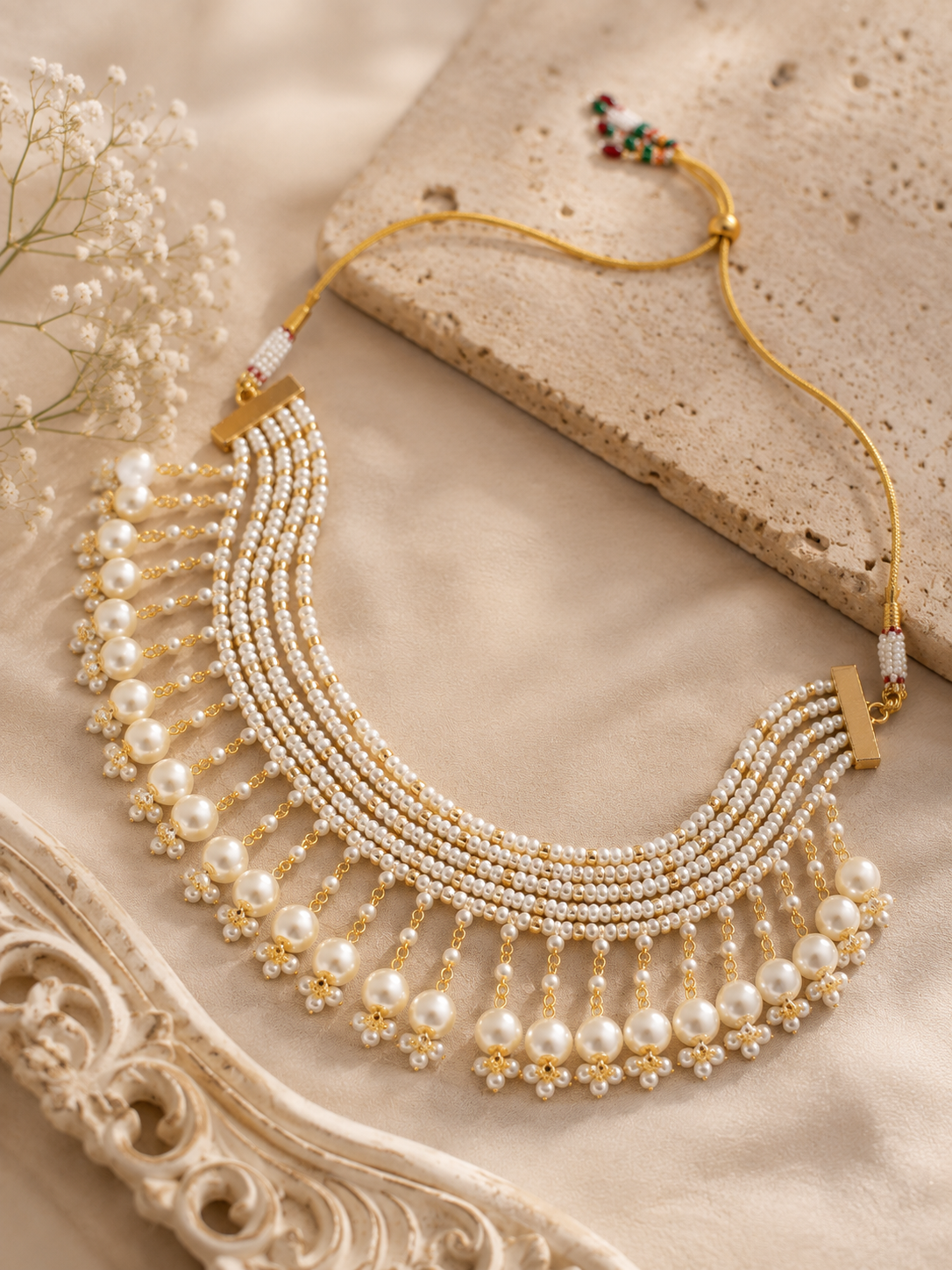 Gold-Plated Kundan Studded Pearls Beaded Layered Choker Necklace