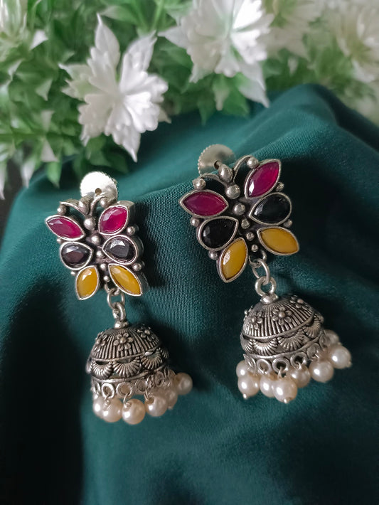 Sanjog Oxidized Silver Multi-Color Stone Floral Jhumka Earrings with Pearl Drops