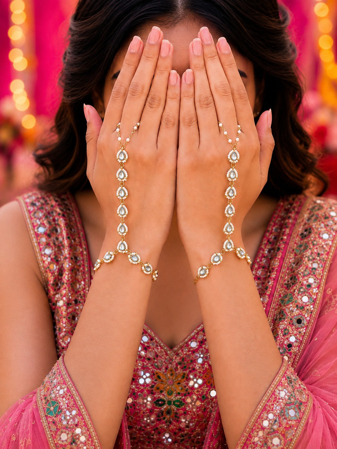 Set Of 2 Gold-Plated Kundan Studded Finger Ring Hathphool Pearl Bracelets