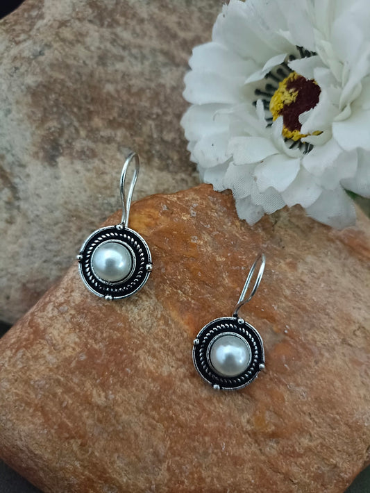Sanjog Oxidized Silver Simple Round Pearl Drop Earrings